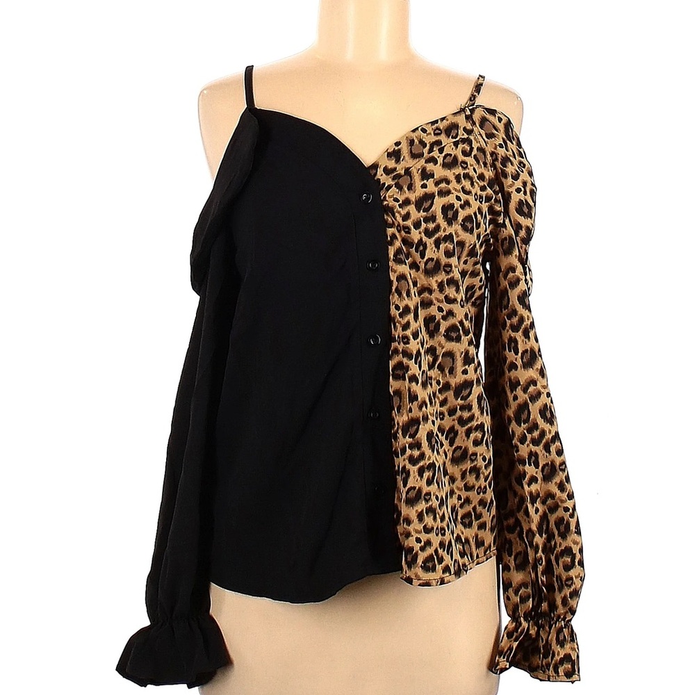 Black/Leopard‎ Cold-Shoulder Button Down Front Classic Casual Polyester Top Sz L